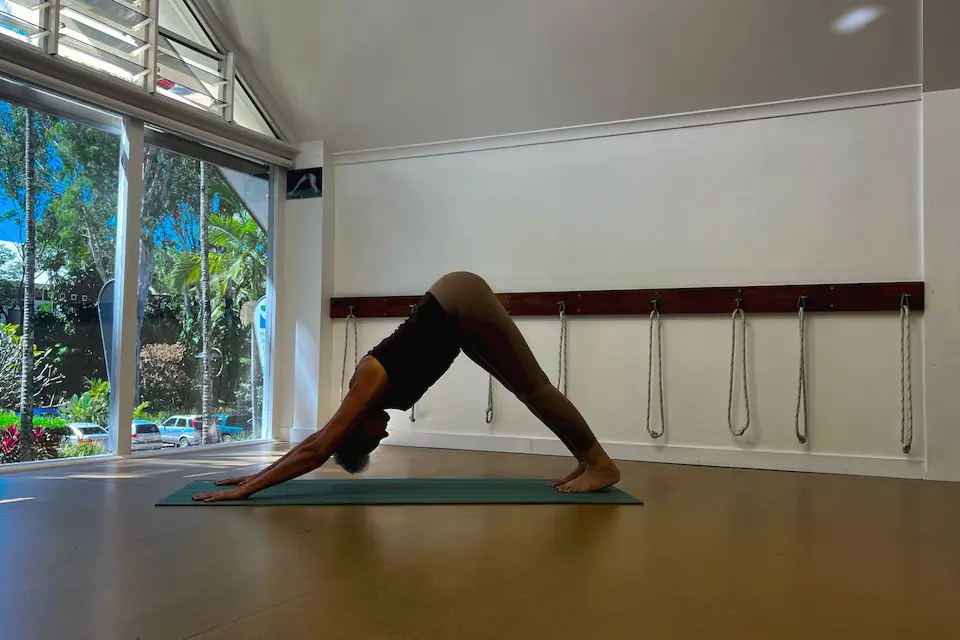 Susan Stackhouse in downward facing dog, Adho Mukha Svanasana, on a mat in the studio, with sunlight coming through the tall windows