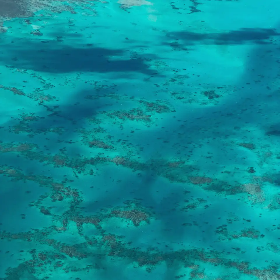 An aerial view of the Great Barrier Reef off Cairns, coral reefs showing dark against turquoise water